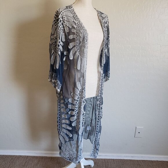 Rebellion Again Mesh Crochet Lace Open Kimono Cover Up Blue Size L Beachy Boho - Picture 4 of 11